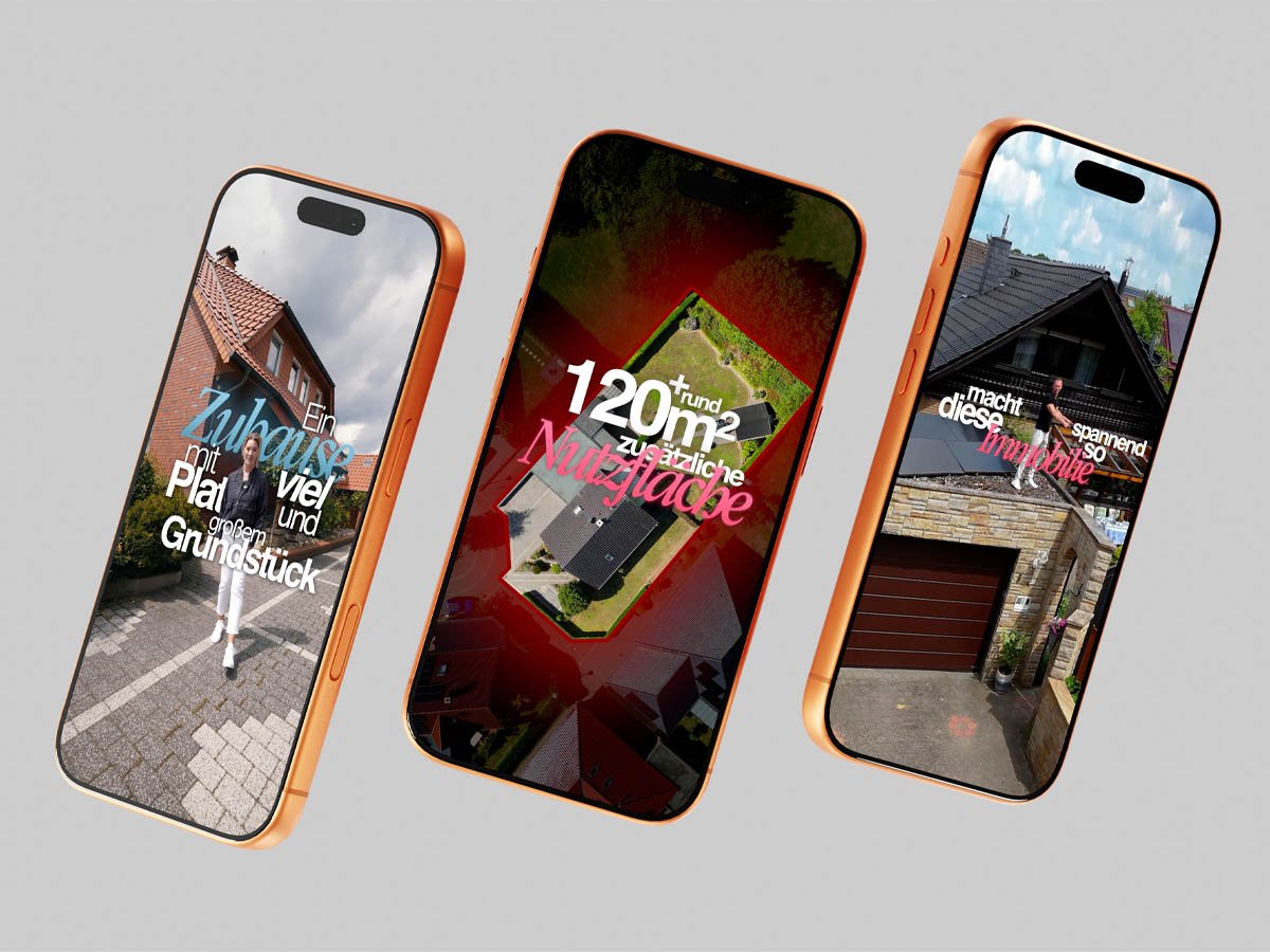 Immo+Konzept: Immobilien-Reels von Found Studios auf drei Smartphones