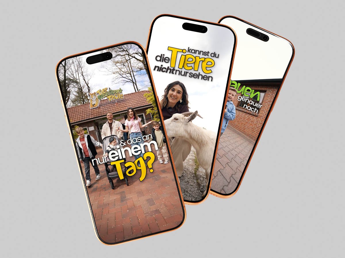 Tier- und Freizeitpark Thüle: Social-Media-Reels von Found Studios auf drei Smartphones